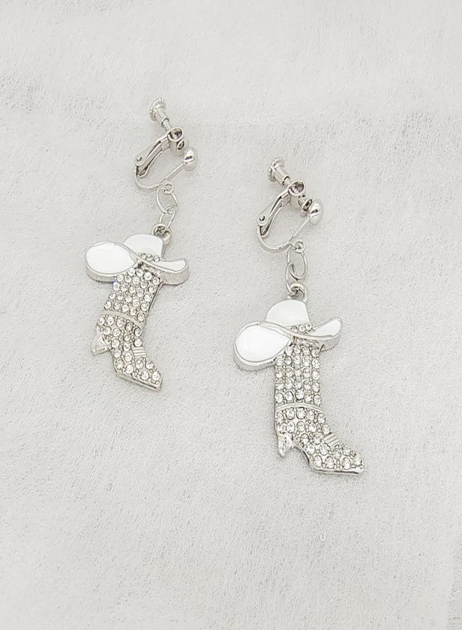 Modpide Rhinestone Western Boots Clip on Earrings Cowgirl Cowboy Enamel Hat Earrings Boot Drop Dangle Earrings for Women (Silver Boots, White Hat) - Image 4